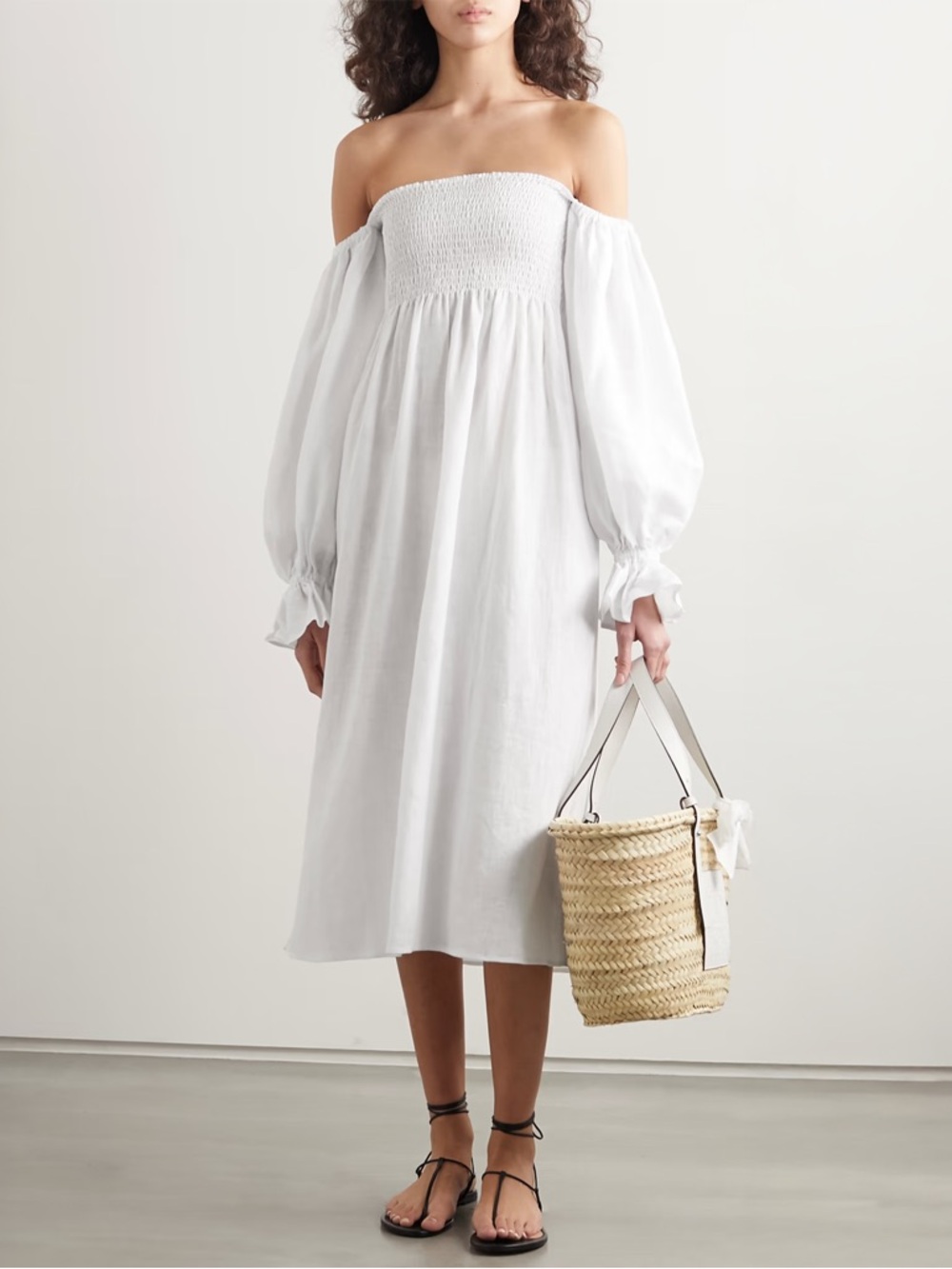 Sleeper - Atlanta Off-the-shoulder Shirred Linen Midi Dress - White